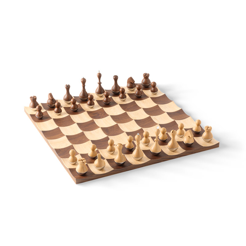 Modern Walnut and Maple Wobble Chess Set with Chrome Accents