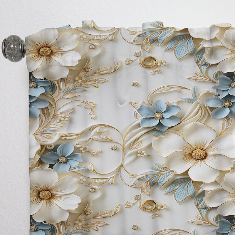 Or blanc et fleurs bleues élégantes I - Rideau glamour - Velours obscurcissant - 1 panneau, L 52 po x L 95 po