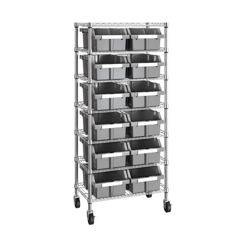 24" W NSF-Certified Commercial 7-Tier 12-Bin Storage Rack with Wheels