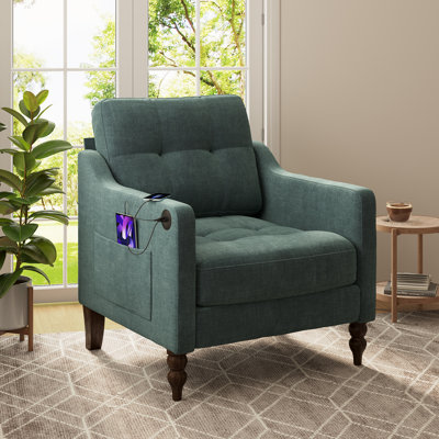 Chenille Accent Chair – USB Charging & Side Storage – Ergonomic