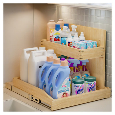 Étagère de rangement sous le lavabo à 2 niveaux, l 22,5 po x P 21 po, tablette de rangement en bouleau massif et en chêne pour la cuisine et la salle de bain