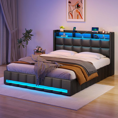 Jilissa Upholstered Bookcase Lift Up Storage Bed with Charging Station and RGB LED Lights