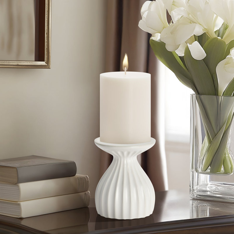 Aurelia Ribbed Contour 5" White Ceramic Candle Holder, White