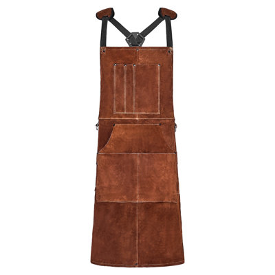 Tablier de travail en cuir pour le soudage, tablier de soudage robuste en cuir de vache résistant à la flamme, tablier de soudeur résistant à la chaleur avec 6 pochettes pour le travail du bois, le jardinage, le barbecue