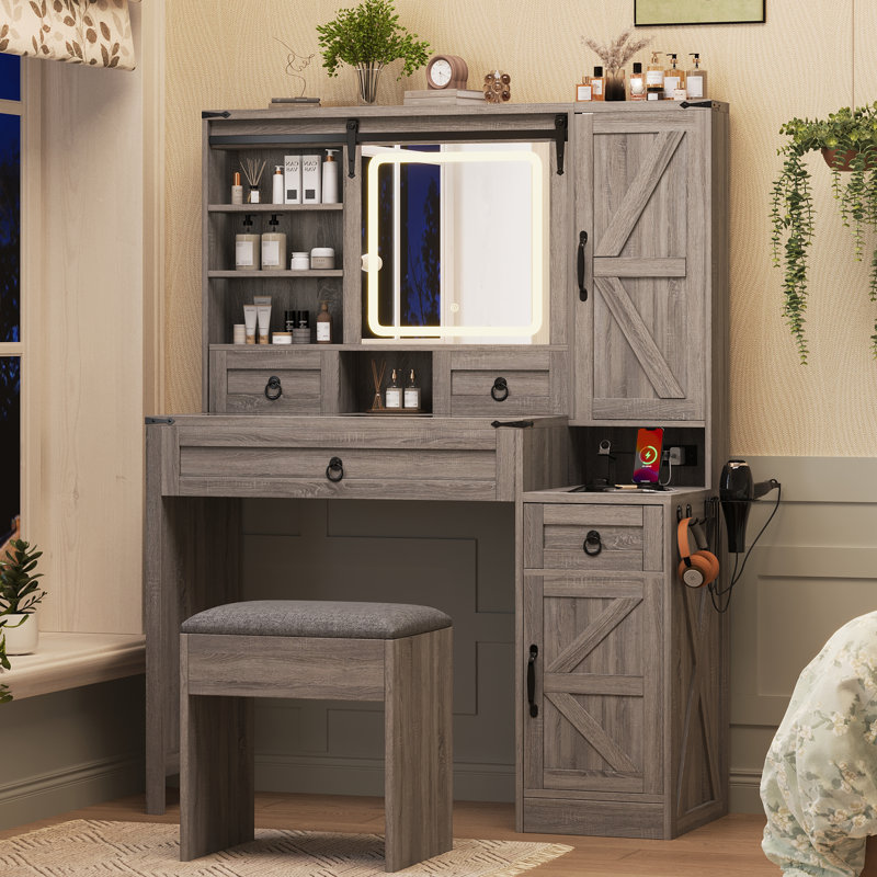 Farmhouse Vanity Desk With Sliding Mirror And Lights, Vanity Set With Glass Top And Charging Station ,Dressing Table With 4 Drawers And 2 Cabinets, Dressing Table With Stool For Bedroom, Gray