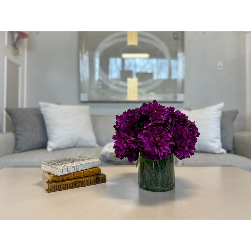 Peony Arrangement in Glass Vase with Grass, Purple