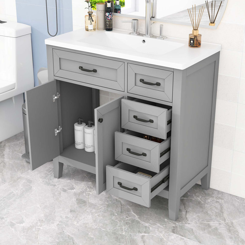 Meuble-lavabo autoportant avec lavabo en céramique, 3 tiroirs et armoire de rangement, Gris