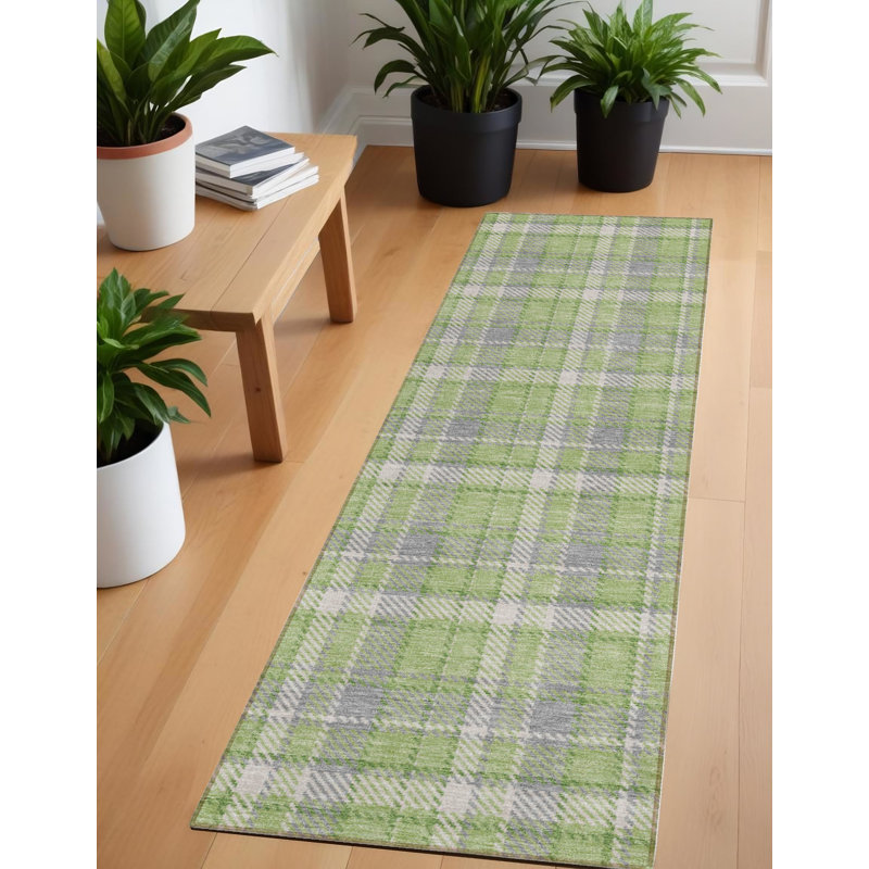 8' Runner Green and Gray Plaid Washable Non Skid Indoor Outdoor Runner Rug