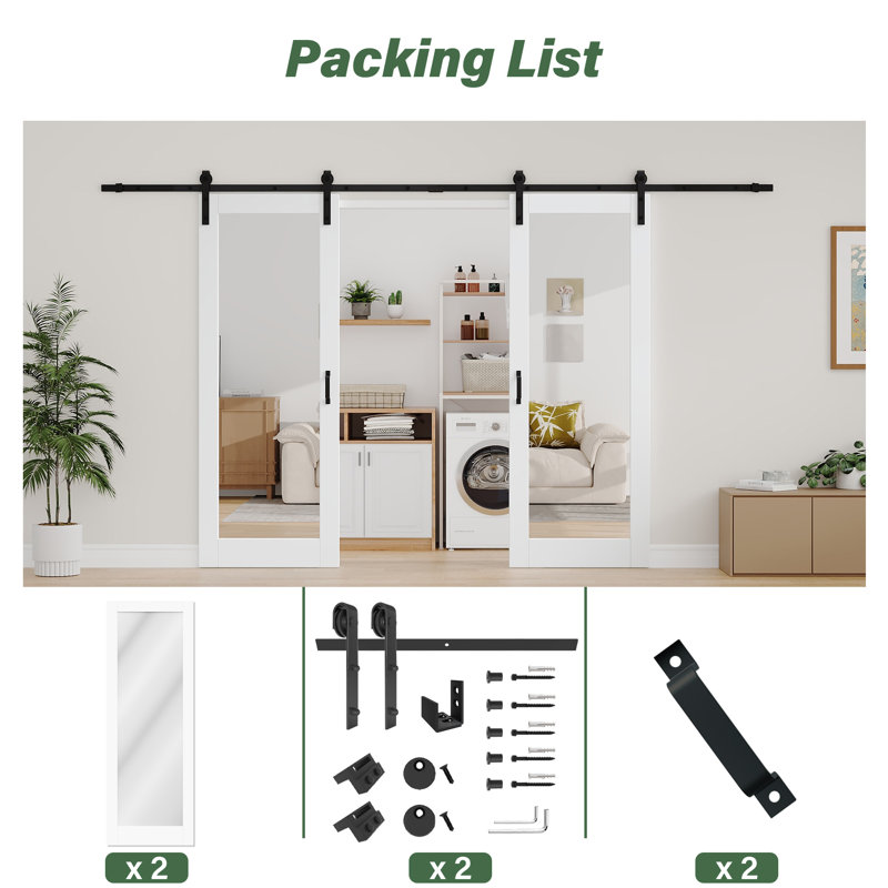 Portes de salle de bain en bois massif à double miroir avec porte de grange complète, 36 po x 80 po, Standard