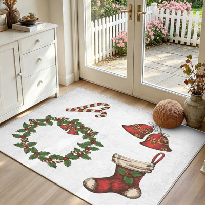 White Machine Washable,Christmas Vintage Set of Bells Indoor Area Rug