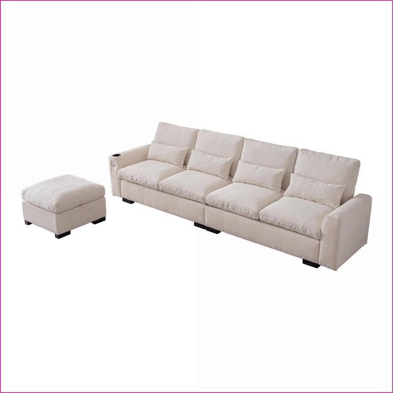 Canapés modulaires, 114,5 po moderne en L avec rangement pour repose-pieds réversible, ports USB | Beige | Chenille