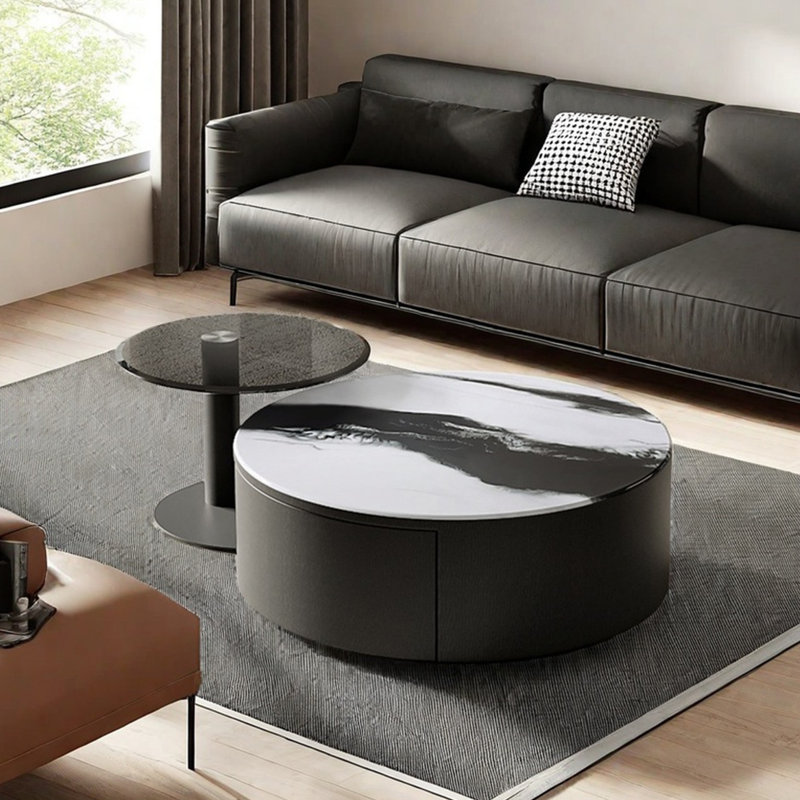 Round microcrystalline stone coffee table, 12.2" H x 27.6" L x 27.6" D