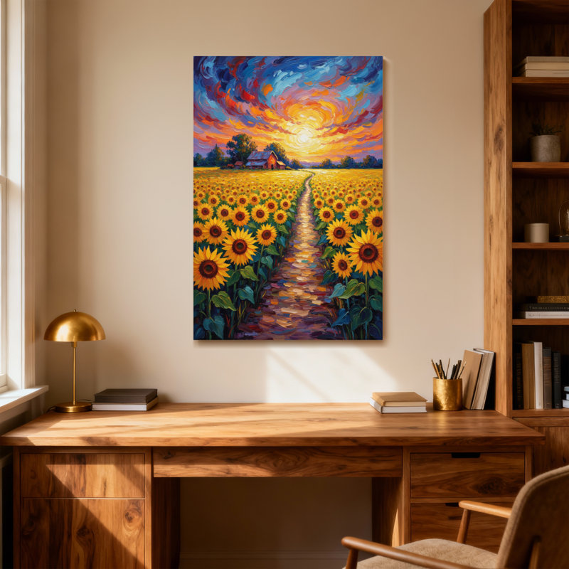 Paysage et nature, champ de tournesols, chemin, coucher de soleil, ciel, grange, arbres, H 18 po x l 12 po