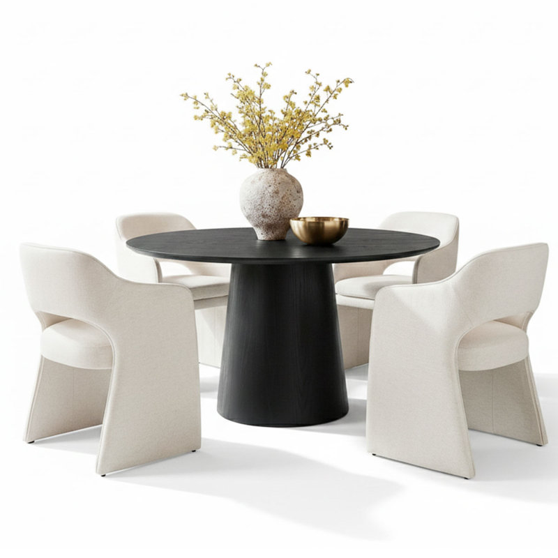 4 - Person Dining Table Sets With Round Table & 4 Upholstered Waterproof Chairs, Beige