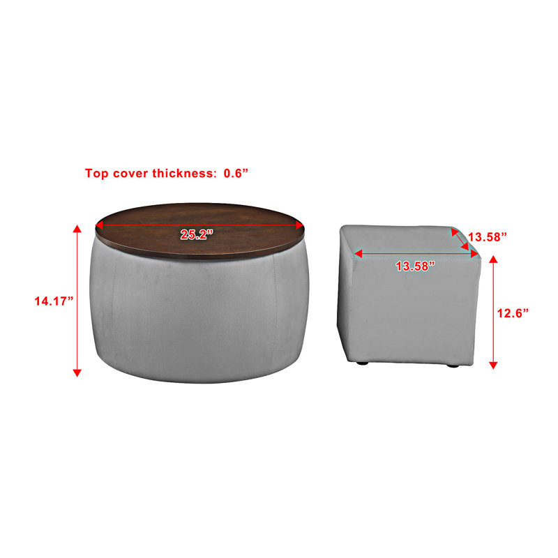 Round Ottoman Set With Storage Round Coffee Table Square Footstool, Gray