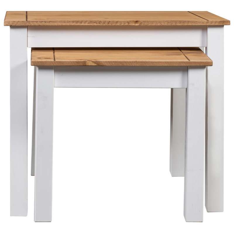Nesting Tables 2 Pcs Coffee End Table Solid Pine Wood Panama Range, Natural Top/White Base
