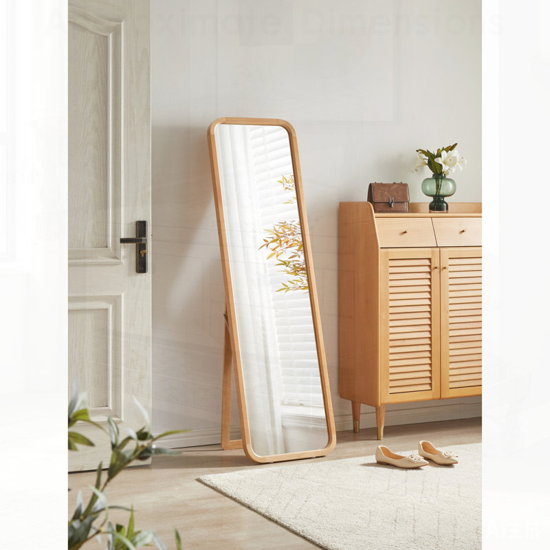 Miroir sur pied pleine longueur en bois de hêtre massif avec support, cadre en bois naturel pour la chambre à coucher et le salon, miroir mural 2-en-1