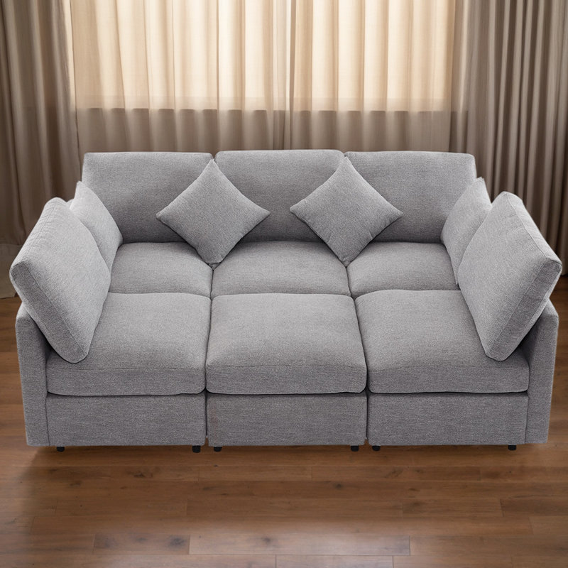 Convertible Sectional Couch With Sleeper Function & USB Charging,Movable Ottoman, Gray Chenille