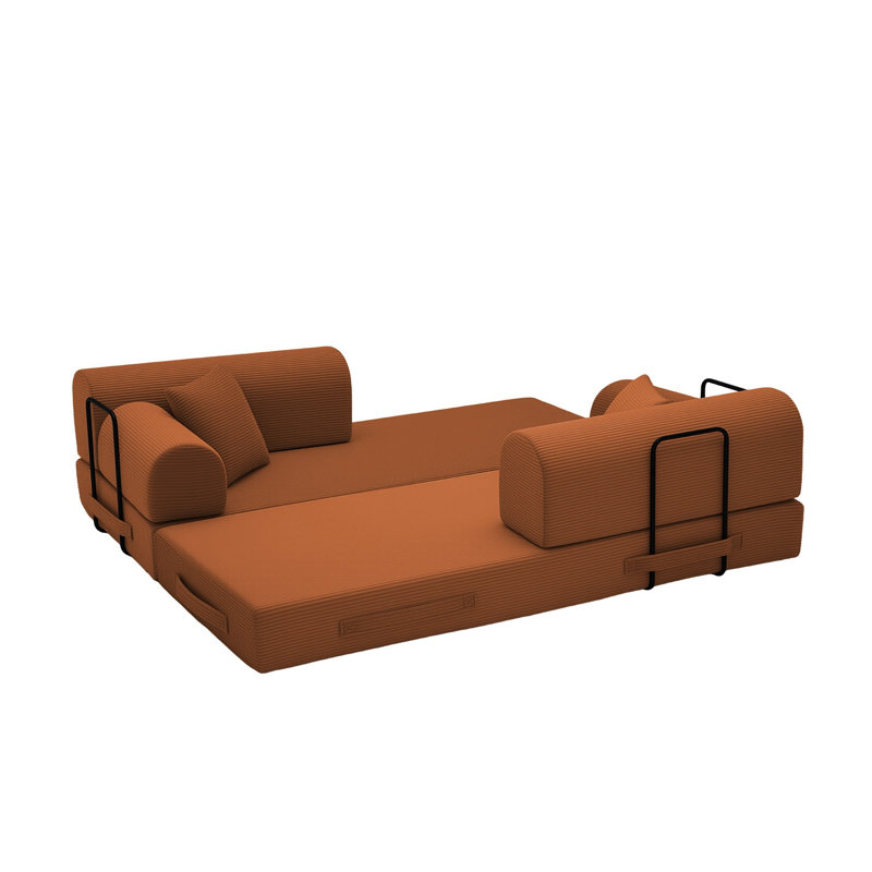 Orange Corduroy Convertible Sleeper Sofa Bed - 3-Seat Folding Floor Couch with High-Resilience Foam, No Assembly Required