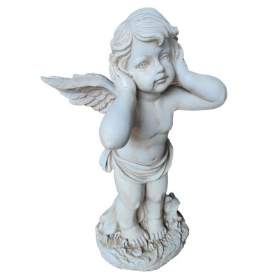 Winged Angel Covering Ears Resin Ornament - Outdoor Garden Sculpture for Lawn, Patio & Courtyard Decor
