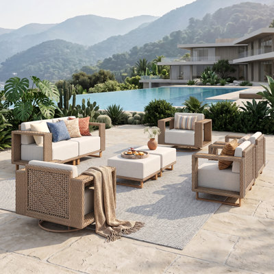 6-Person Outdoor Wicker Patio Conversation Set with Swivel Chairs and Ottomans