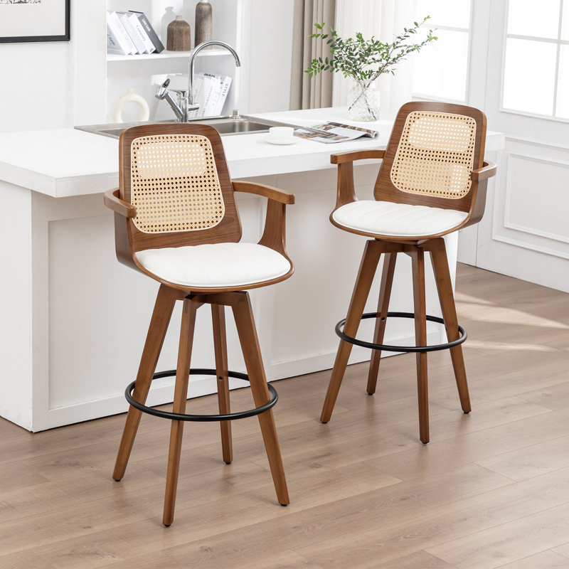 Clero Swivel Faux Leather Counter Stools With Rattan Back, Beige, Bar Stool (30" Seat Height)