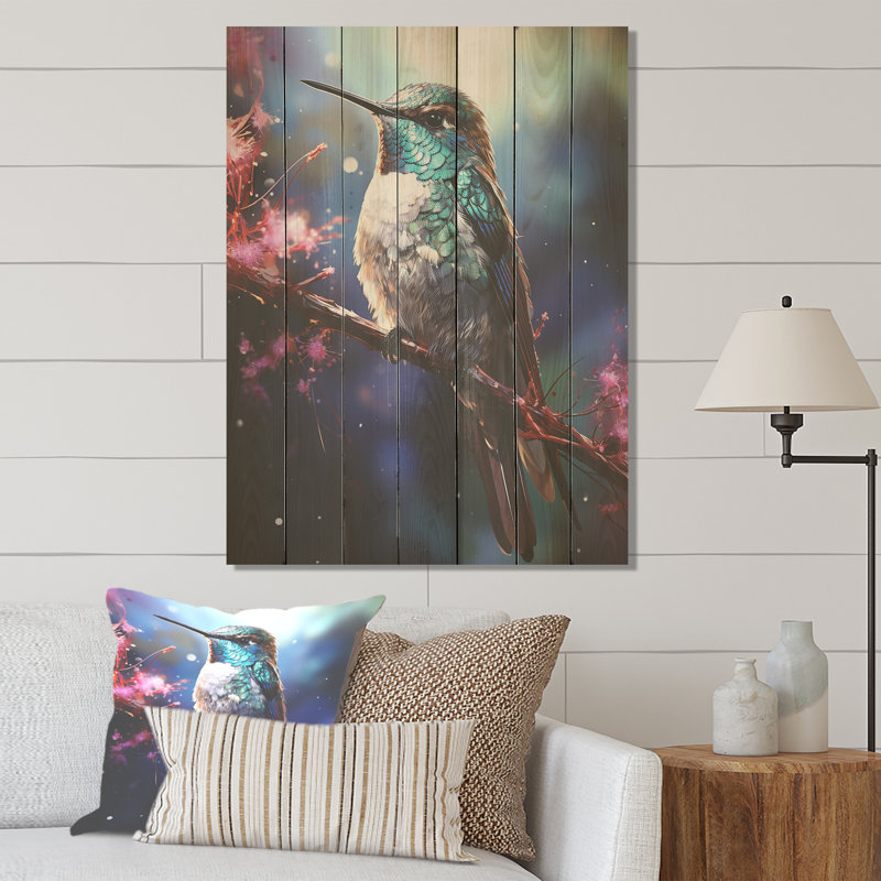 Fée colibri néotropicale bleue I - impression de colibri sur bois, H 32 po x l 24 po