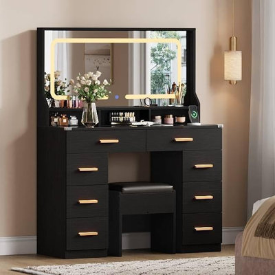 Vanity Desk with 42" LED Mirror, 8 Drawers & 3 Shelves, Glass-Top Makeup Table with Power Outlets and Hair Dryer Holder