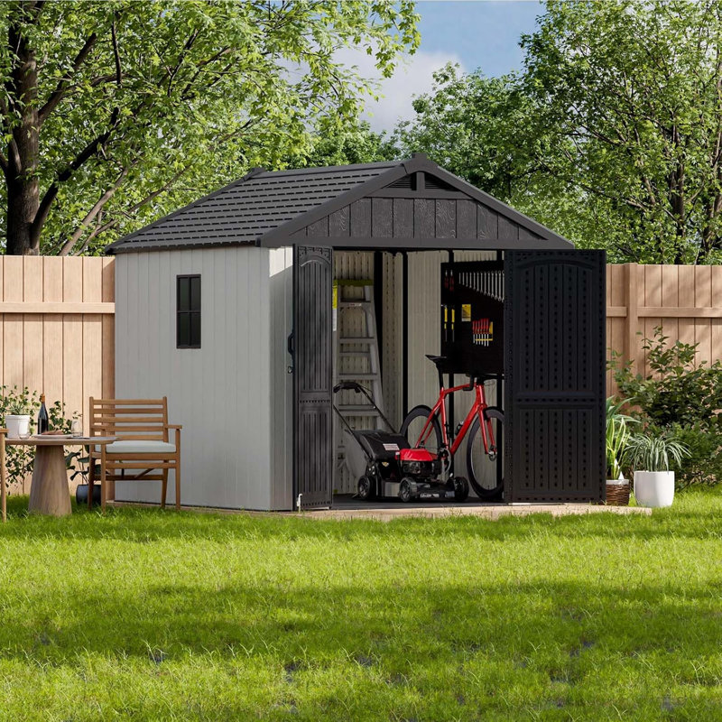 Remise de rangement extérieure en résine Patiowell 8 x 8 pi avec plancher, remise en plastique avec fenêtre et porte verrouillable pour le jardin, la cour arrière, rangement pour outils, facile à installer en beige
