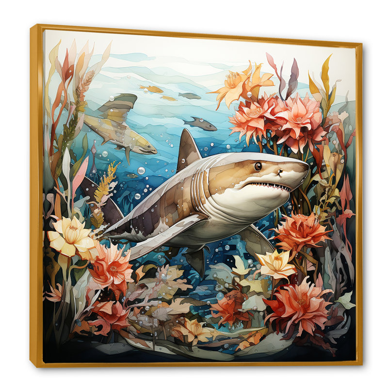 Curious Shark Ocean Blooms II - Shark Wall Art, Gold Floater Framed, 36" H x 36" W x 1.5" D
