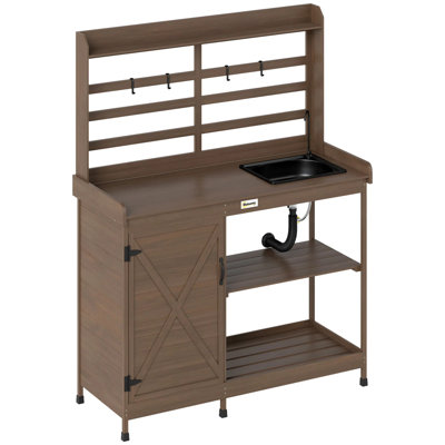 Wooden Potting Bench With Sink And Water Tap, Outdoor Garden Workstation With Storage Shelves & Tool Hanger, Farmhouse Planting Table For Backyard, Patio, Balcony, Dark Brown