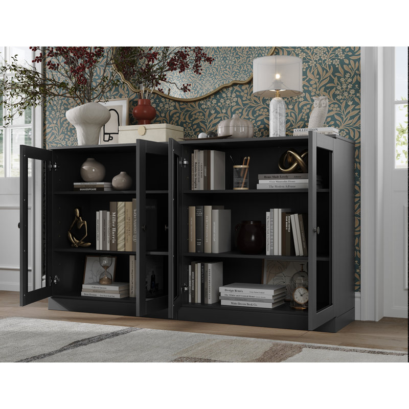 Buffet 100% bois massif 64 "avec portes en verre transparent et tablettes réglables, Gris