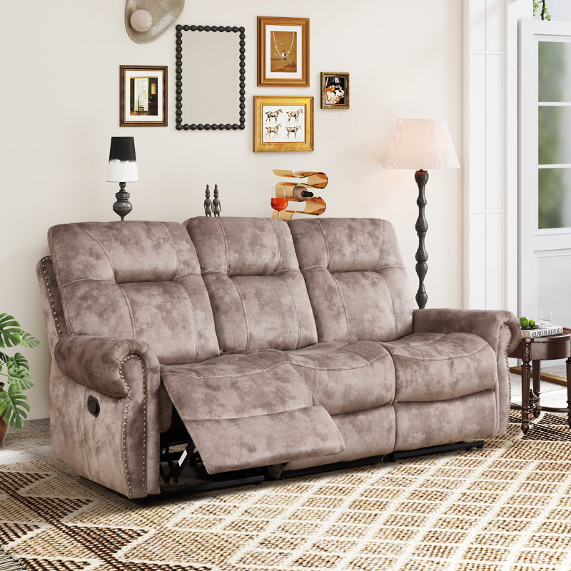 85.43'' Wide Classic Microfiber Manual Reclining Sofa With Dual Side Pull Levers & Nailhead Trim, Distressed Mocha