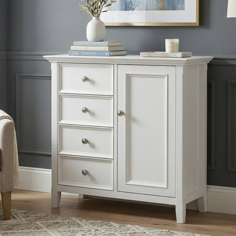 Amherst 37"W Solid Wood Transitional Storage Cabinet With 4 Drawers, Adjustable Shelves And Bronze Hardware, White