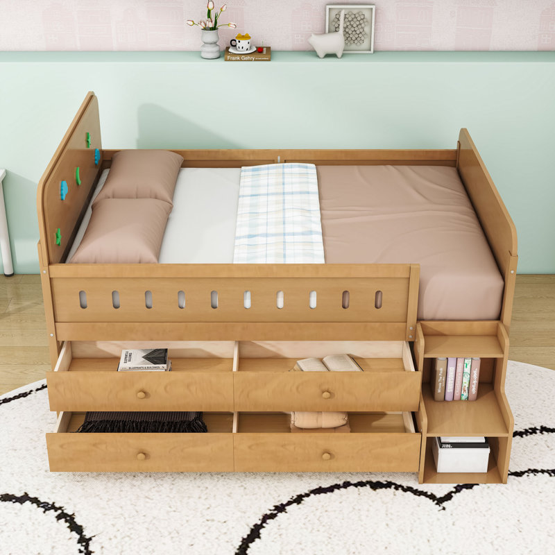 Lit double en bois avec lumière DEL et tiroirs de rangement, Bois