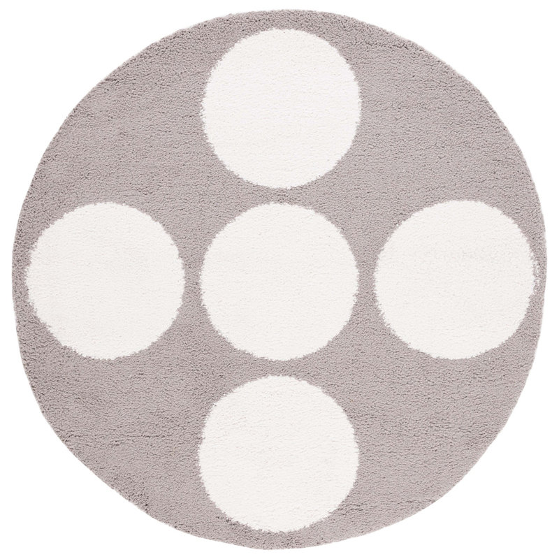 Tapis géométrique gris / ivoire fabriqué à la machine, Rond 6 pi 7 po