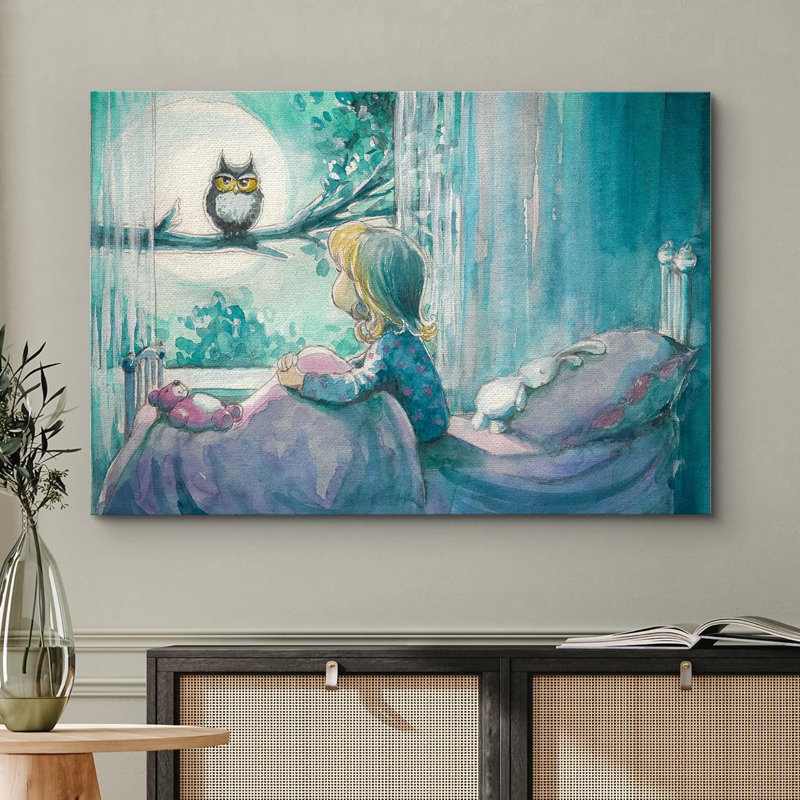 «Girl In Bed Looks at Forest Owl In Moonlight Kids» sur, H 12 po x l 18 po, Toile tendue