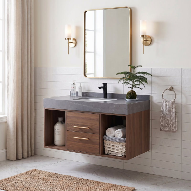 40" Modern Floating Single Bathroom Vanity Set with Sintered Stone Top and Undermount Ceramic Sink
