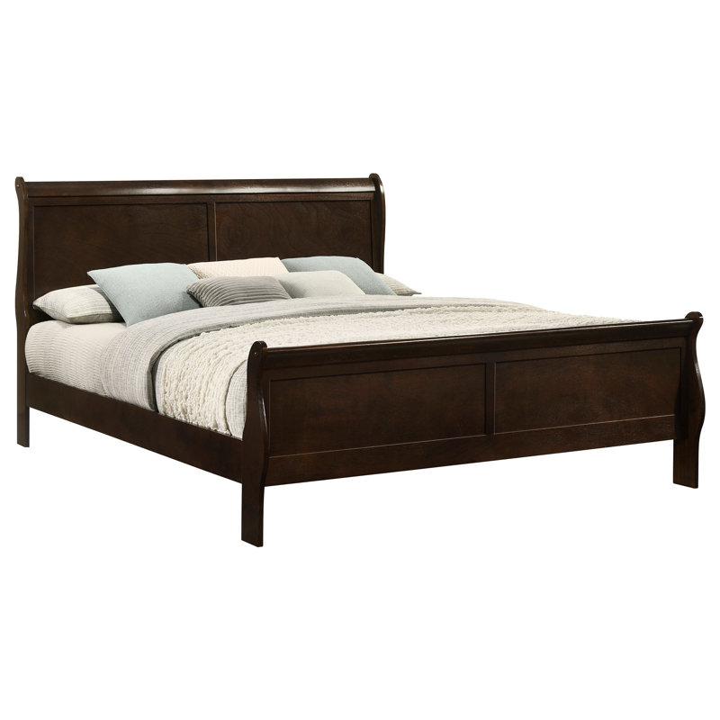 Très grand lit oriental en bois de cappuccino, couleur brun chaud avec abat-jour subtil, courbes gracieuses, structure à lattes pour lit de ventilation en bois pour chambre à coucher, avec finition et nuances, courbes sur les extrémités, style
