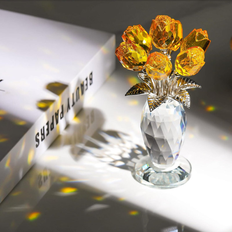Handmade Crystal Rose Bouquet With Decorative Vase, Floral Tabletop Accent For Home Décor, Yellow