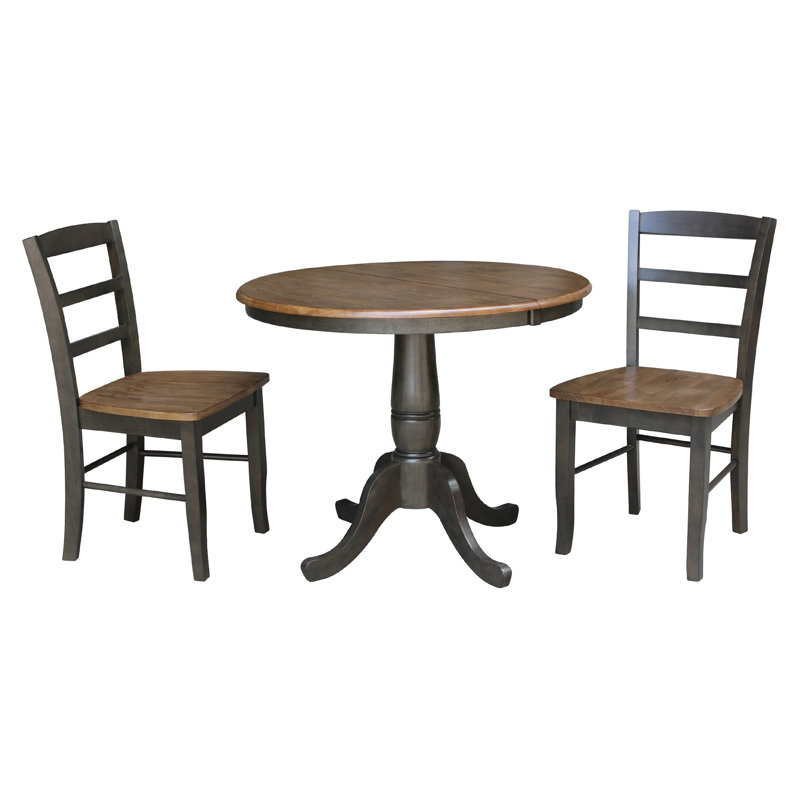 Gadmann Pedestal Extendable Solid Wood Dining Set, Hickory/Washed Coal, 3 Pieces: Table, 2 Chairs