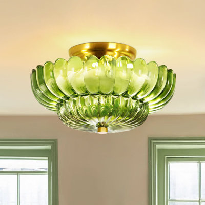 Mid-Century Scalloped Ribbed Glass Semi-Flush Ceiling Light