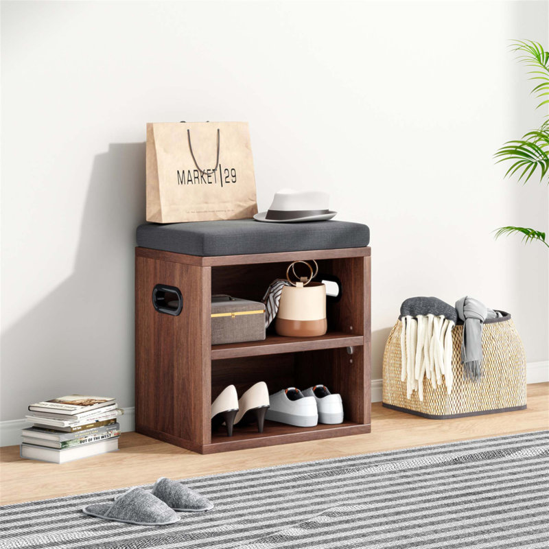 Banc à chaussures compact avec rangement et sièges, idéal pour l'organisation du vestibule et des sièges confortables, Noyer
