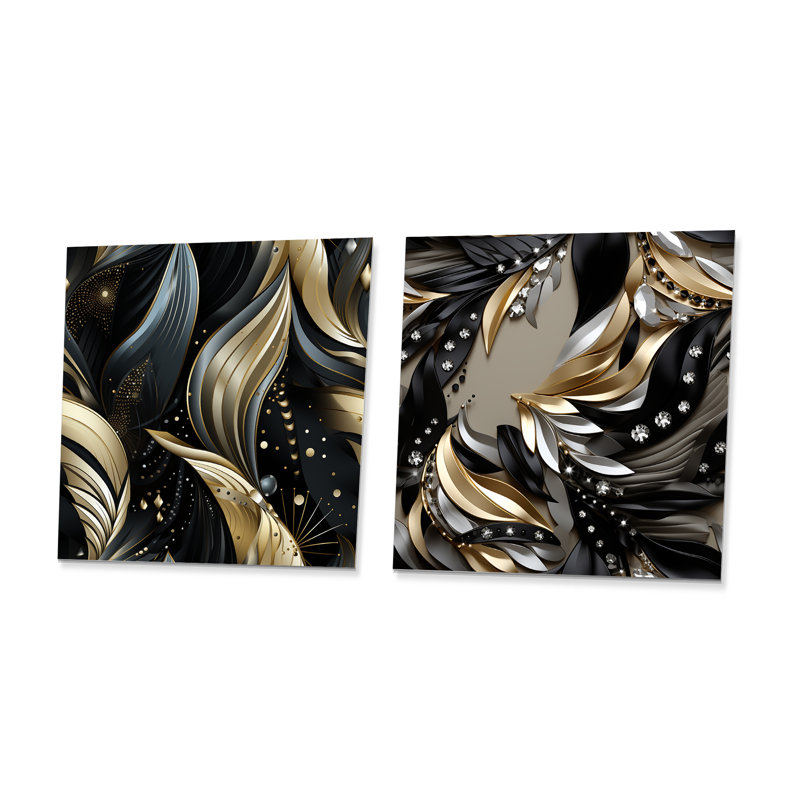 Noir profond et élégance dorée - Ensemble de 2 carrés abstraits à motifs métalliques abstraits, H 16 po x l 32 po
