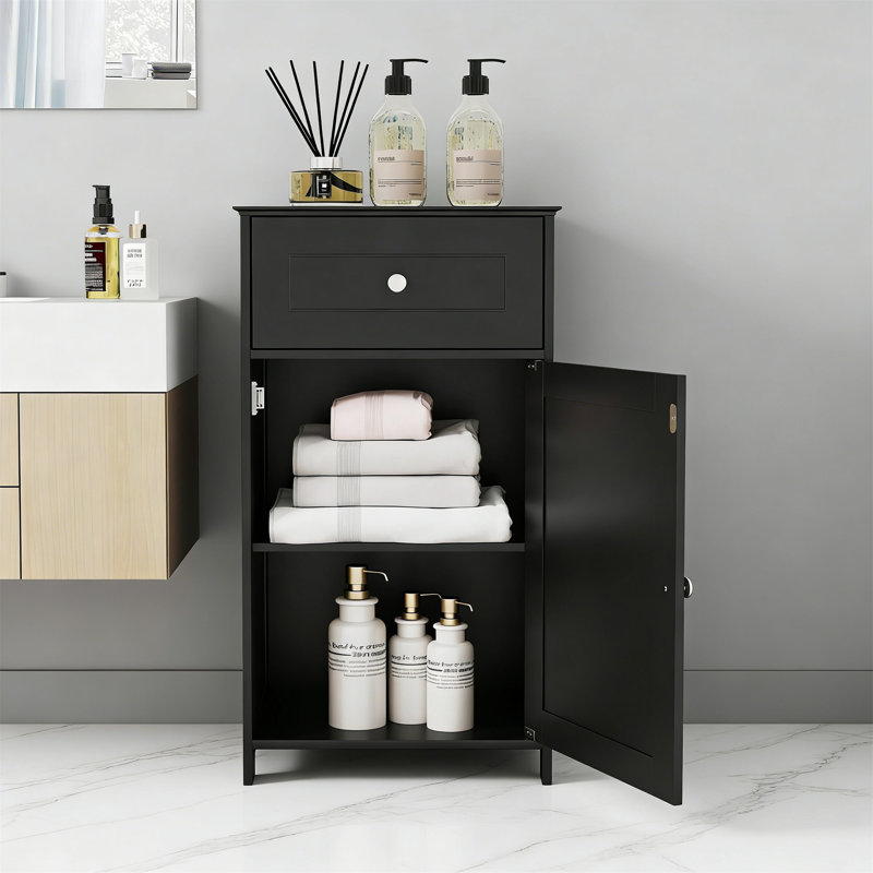 Black Small Freestanding Bathroom Cabinet With Single Door, Drawer & Anti-Tip