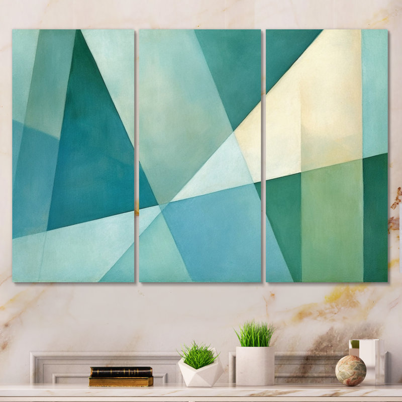 «Green Blue Abstract Geometric Fusion II», impression sur toile tendue 3 pièces, H 28 po x l 36 po x P 1 po