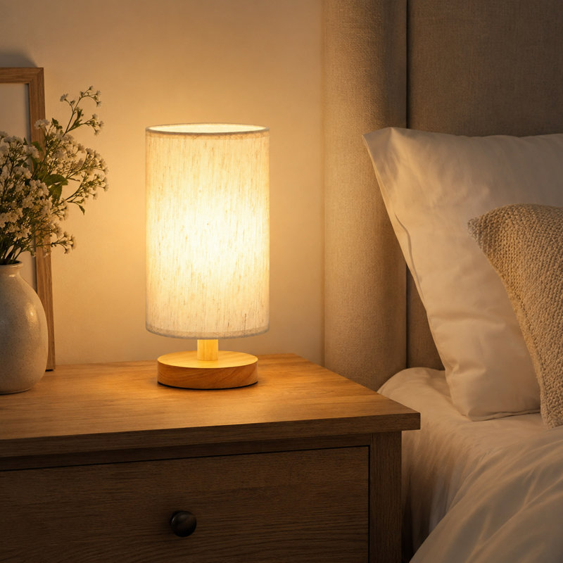 Lampe de table de 23 cm (9 pouces), abat-jour en tissu crème et pied en bois