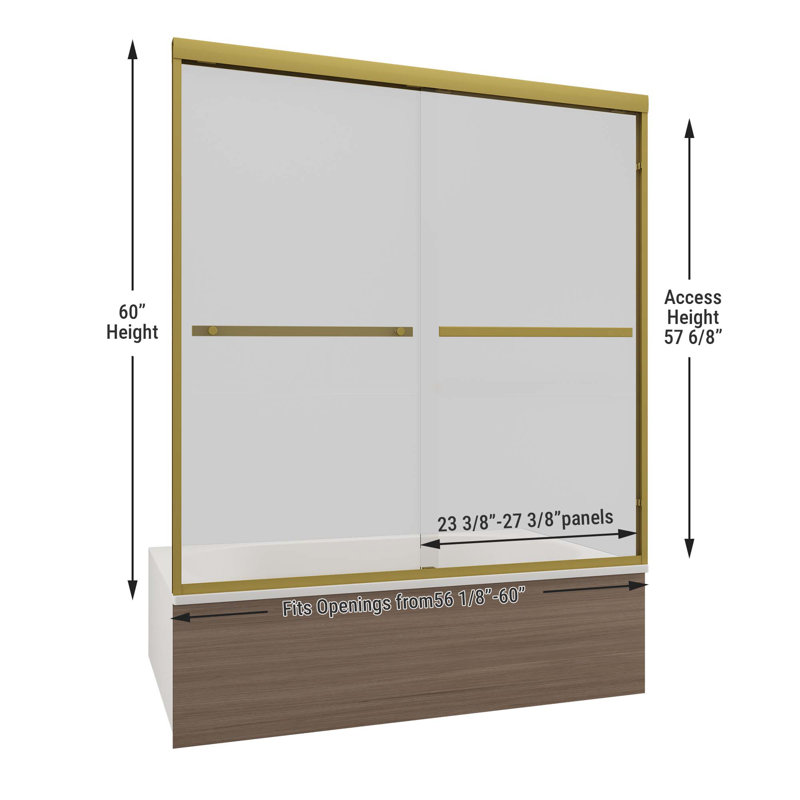 60'' W X 60'' H Double Sliding Semi-Frameless Tub Door With 1/4"(6Mm) Clear Tempered Glass, Brushed Gold
