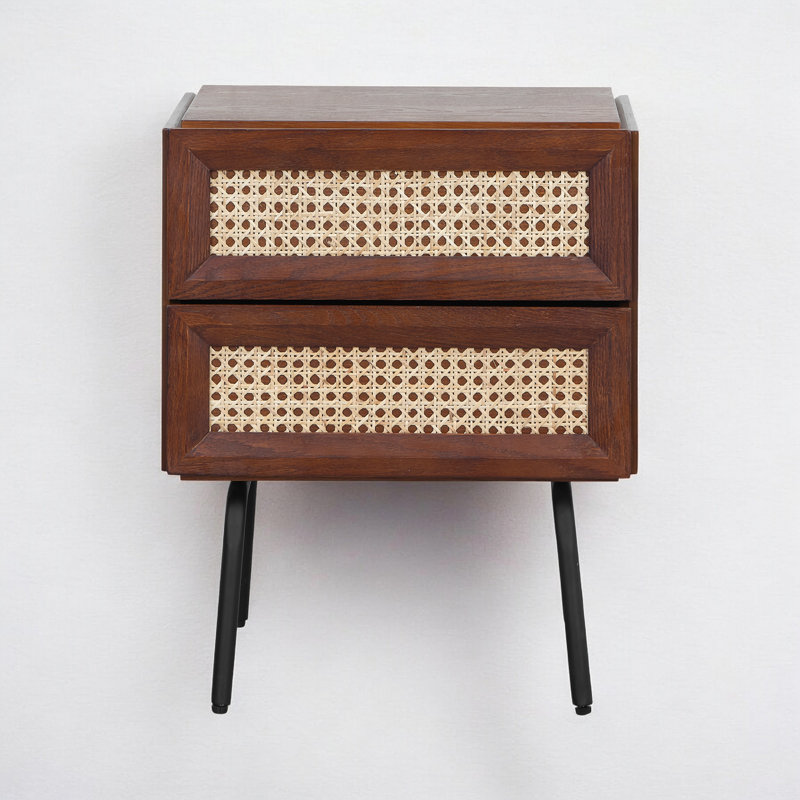 Dark Walnut and Natural Rattan 2-Drawer Mid-Century Nightstand