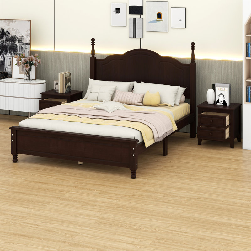 Lit plateforme en bois et deux tables de chevet, Double, Noyer foncé